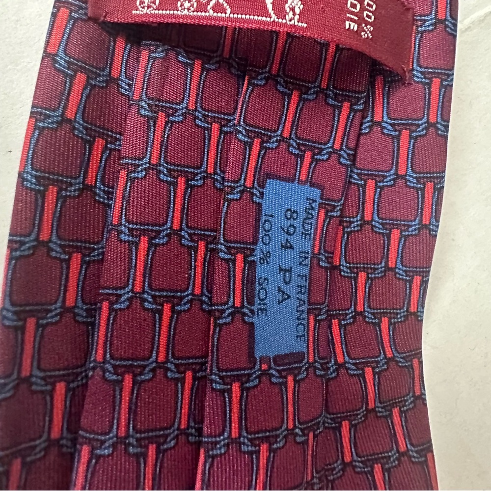 Hermès Silk Tie Luxury Burgundy, Red & Blue Equestrian Geometric Print Silk Tie - Picture 7 of 8